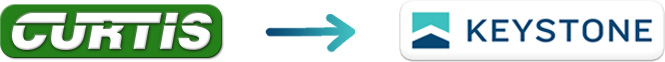 Curtis logo, curly arrow, then Keystone logo